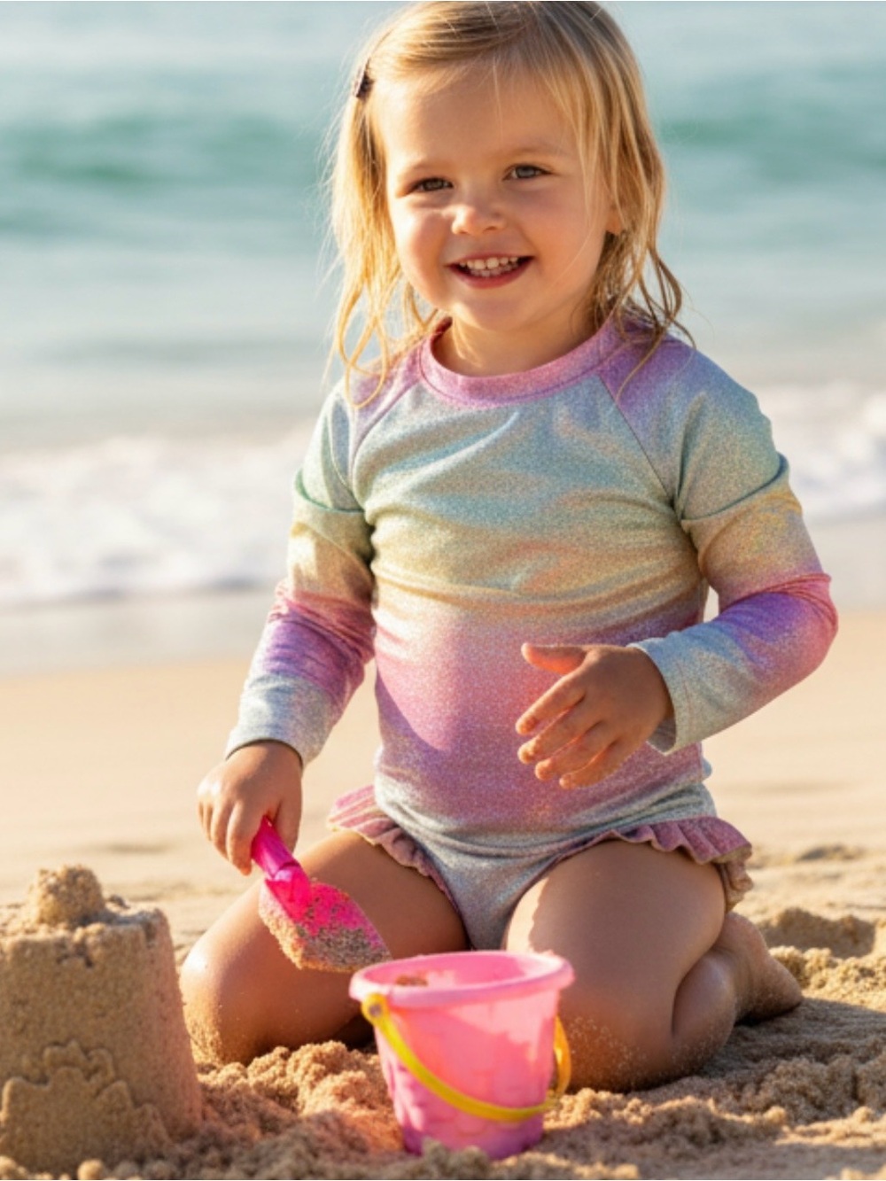 Jumping Beans Girls Shimmering Long Sleeve Rashguard 1 Piece Swimsuit Rainbow 4T
